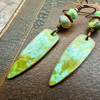 Verdigris Earrings, Copper Patina, Dagger Dangle, Turquoise Beads, Boho Hippie Style, Blue Green Earthy, Soul Harbor Jewelry, Earth Witch