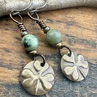 Shamrock Bronze Earrings, Connemara Marble Beads, Irish Celtic Jewelry, Holy Trinity, St Patrick's Day, Tiny Disc, Light Everyday Earrings