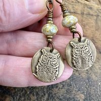 Bronze Owl Earrings, Earthy Witch Jewelry, Faceted Czech Glass Beads, Hypoallergenic Ear Wires, Light Dangle Earrings, Handmade Art Jewelry