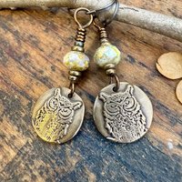 Bronze Owl Earrings, Earthy Witch Jewelry, Faceted Czech Glass Beads, Hypoallergenic Ear Wires, Light Dangle Earrings, Handmade Art Jewelry