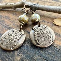 Bronze Owl Earrings, Earthy Witch Jewelry, Faceted Czech Glass Beads, Hypoallergenic Ear Wires, Light Dangle Earrings, Handmade Art Jewelry