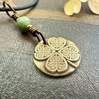 Four Leaf Clover Heart, Bronze Wax Seal Charm, Connemara Marble, Irish Celtic Jewelry, 4 Leaf Clover, Lucky Love Charm, Leather & Vegan Cord