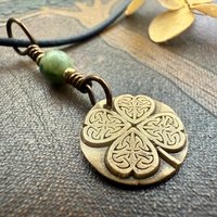 Four Leaf Clover Heart, Bronze Wax Seal Charm, Connemara Marble, Irish Celtic Jewelry, 4 Leaf Clover, Lucky Love Charm, Leather & Vegan Cord
