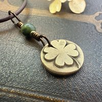 Four Leaf Clover Heart, Bronze Wax Seal Charm, Connemara Marble, Irish Celtic Jewelry, 4 Leaf Clover, Lucky Love Charm, Leather & Vegan Cord