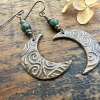 Crescent Moon Bronze Earrings, Connemara Marble Beads, Celtic Witch, Moon Goddess, Hypoallergenic, Pagan Witchy, Everyday Earrings