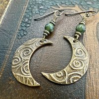 Crescent Moon Bronze Earrings, Connemara Marble Beads, Celtic Witch, Moon Goddess, Hypoallergenic, Pagan Witchy, Everyday Earrings