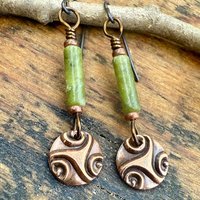 Triskele Copper Earrings, Triple Spirals, Triskelion, Connemara Marble, Irish Celtic Jewelry, Copper Disc Earrings, Hypoallergenic Earrings