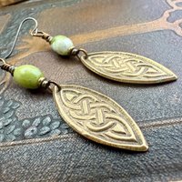 Celtic Knot Bronze Earrings, Irish Celtic Jewelry, Connemara Marble, Long Pointed Oval, Ireland, Handmade Art Jewelry, Celtic Pagan Witch