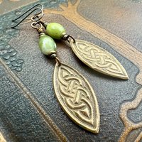 Celtic Knot Bronze Earrings, Irish Celtic Jewelry, Connemara Marble, Long Pointed Oval, Ireland, Handmade Art Jewelry, Celtic Pagan Witch