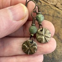 Shamrock Bronze Earrings, Connemara Marble Beads, Irish Celtic Jewelry, Holy Trinity, St Patrick's Day, Tiny Disc, Light Everyday Earrings