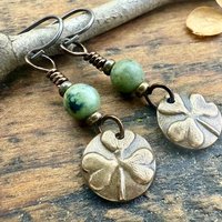 Shamrock Bronze Earrings, Connemara Marble Beads, Irish Celtic Jewelry, Holy Trinity, St Patrick's Day, Tiny Disc, Light Everyday Earrings