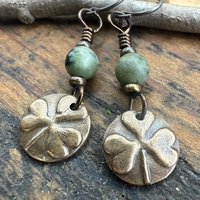 Shamrock Bronze Earrings, Connemara Marble Beads, Irish Celtic Jewelry, Holy Trinity, St Patrick's Day, Tiny Disc, Light Everyday Earrings