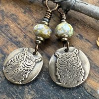 Bronze Owl Earrings, Earthy Witch Jewelry, Faceted Czech Glass Beads, Hypoallergenic Ear Wires, Light Dangle Earrings, Handmade Art Jewelry