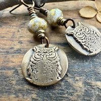 Bronze Owl Earrings, Earthy Witch Jewelry, Faceted Czech Glass Beads, Hypoallergenic Ear Wires, Light Dangle Earrings, Handmade Art Jewelry