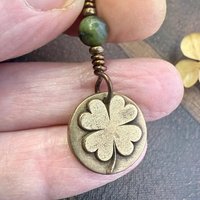 Four Leaf Clover Heart, Bronze Wax Seal Charm, Connemara Marble, Irish Celtic Jewelry, 4 Leaf Clover, Lucky Love Charm, Leather & Vegan Cord