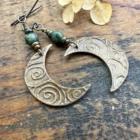Crescent Moon Bronze Earrings, Connemara Marble Beads, Celtic Witch, Moon Goddess, Hypoallergenic, Pagan Witchy, Everyday Earrings