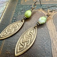 Celtic Knot Bronze Earrings, Irish Celtic Jewelry, Connemara Marble, Long Pointed Oval, Ireland, Handmade Art Jewelry, Celtic Pagan Witch