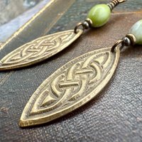 Celtic Knot Bronze Earrings, Irish Celtic Jewelry, Connemara Marble, Long Pointed Oval, Ireland, Handmade Art Jewelry, Celtic Pagan Witch