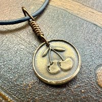 Bronze Cherry Charm, Door County Cherries, Handmade Bronze, Leather Vegan Cords, Wisconsin Cherry Trees, Souvenir Talisman of Door County