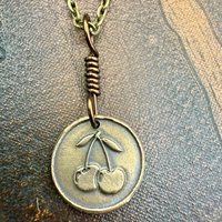Bronze Cherry Charm, Door County Cherries, Handmade Bronze, Leather Vegan Cords, Wisconsin Cherry Trees, Souvenir Talisman of Door County
