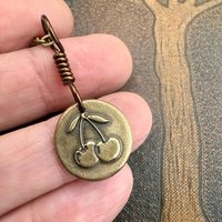 Bronze Cherry Charm, Door County Cherries, Handmade Bronze, Leather Vegan Cords, Wisconsin Cherry Trees, Souvenir Talisman of Door County