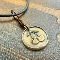 Bronze Cherry Charm, Door County Cherries, Handmade Bronze, Leather Vegan Cords, Wisconsin Cherry Trees, Souvenir Talisman of Door County