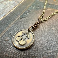 Bronze Cherry Charm, Door County Cherries, Handmade Bronze, Leather Vegan Cords, Wisconsin Cherry Trees, Souvenir Talisman of Door County