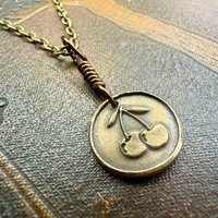Bronze Cherry Charm, Door County Cherries, Handmade Bronze, Leather Vegan Cords, Wisconsin Cherry Trees, Souvenir Talisman of Door County