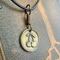 Bronze Cherry Charm, Door County Cherries, Handmade Bronze, Leather Vegan Cords, Wisconsin Cherry Trees, Souvenir Talisman of Door County