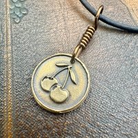 Bronze Cherry Charm, Door County Cherries, Handmade Bronze, Leather Vegan Cords, Wisconsin Cherry Trees, Souvenir Talisman of Door County