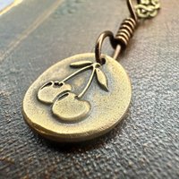 Bronze Cherry Charm, Door County Cherries, Handmade Bronze, Leather Vegan Cords, Wisconsin Cherry Trees, Souvenir Talisman of Door County
