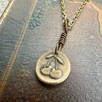 Bronze Cherry Charm, Door County Cherries, Handmade Bronze, Leather Vegan Cords, Wisconsin Cherry Trees, Souvenir Talisman of Door County