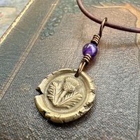 Thistle Bronze Charm, Amethyst Bead, Symbol of Scotland, Gift of Resilience, Scottish Heritage, Leather & Vegan Cords, Recycled Bronze Art