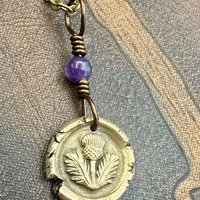 Thistle Bronze Charm, Amethyst Bead, Symbol of Scotland, Gift of Resilience, Scottish Heritage, Leather & Vegan Cords, Recycled Bronze Art