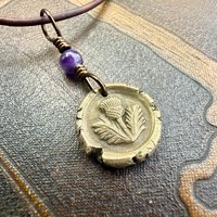 Thistle Bronze Charm, Amethyst Bead, Symbol of Scotland, Gift of Resilience, Scottish Heritage, Leather & Vegan Cords, Recycled Bronze Art