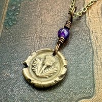 Thistle Bronze Charm, Amethyst Bead, Symbol of Scotland, Gift of Resilience, Scottish Heritage, Leather & Vegan Cords, Recycled Bronze Art