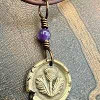 Thistle Bronze Charm, Amethyst Bead, Symbol of Scotland, Gift of Resilience, Scottish Heritage, Leather & Vegan Cords, Recycled Bronze Art