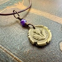 Thistle Bronze Charm, Amethyst Bead, Symbol of Scotland, Gift of Resilience, Scottish Heritage, Leather & Vegan Cords, Recycled Bronze Art