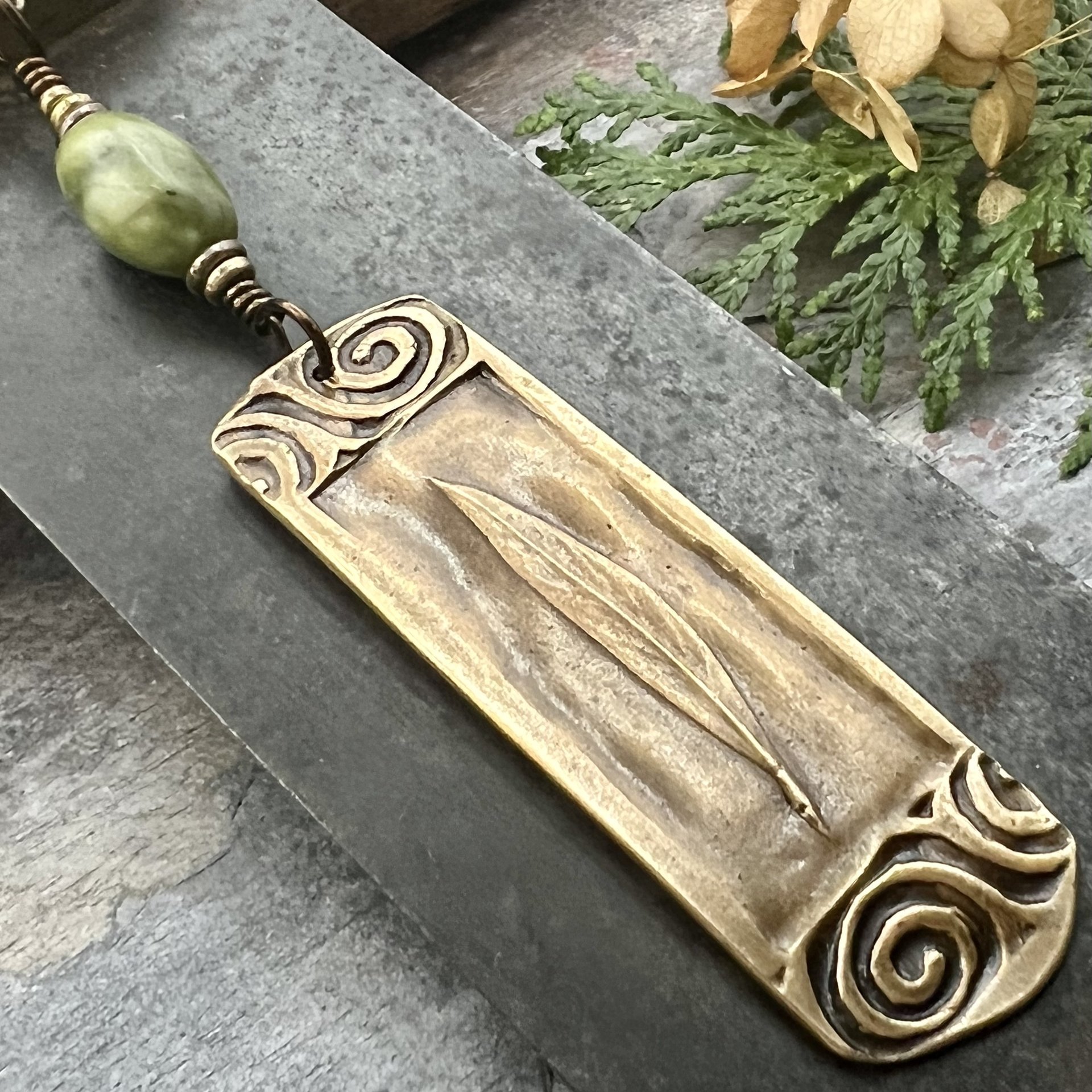 Willow Leaf Bronze Pendant, Connemara Marble Necklace, Irish Celtic Jewelry, Sacred Celtic Tree Astrology, Leather Vegan Cords, Green Witch