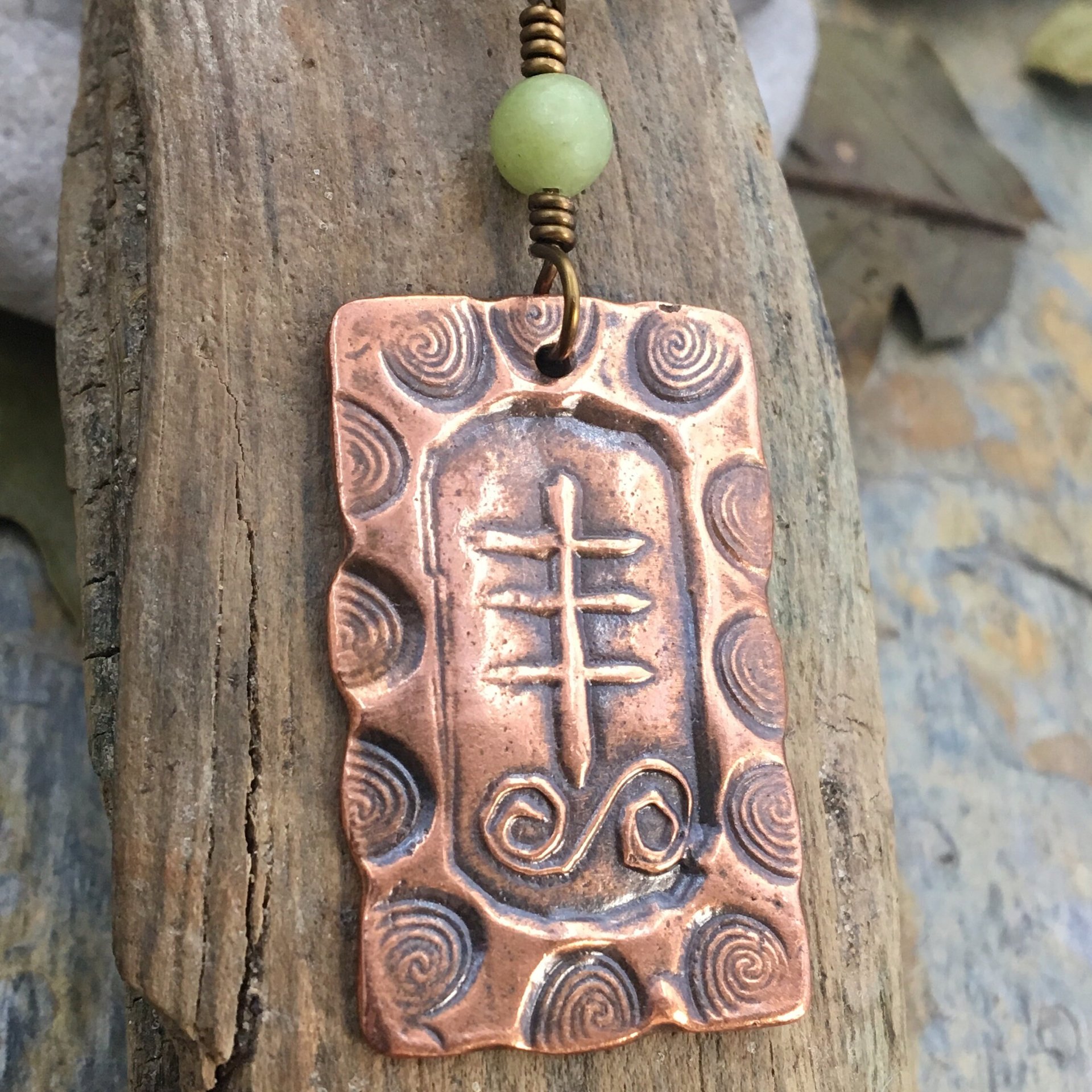 Heather Ogham Charm, Copper Pendant, Connemara Marble, Hand Carved Art, Druid Sacred Trees, Leather & Vegan Cords, Irish Celtic Spirals
