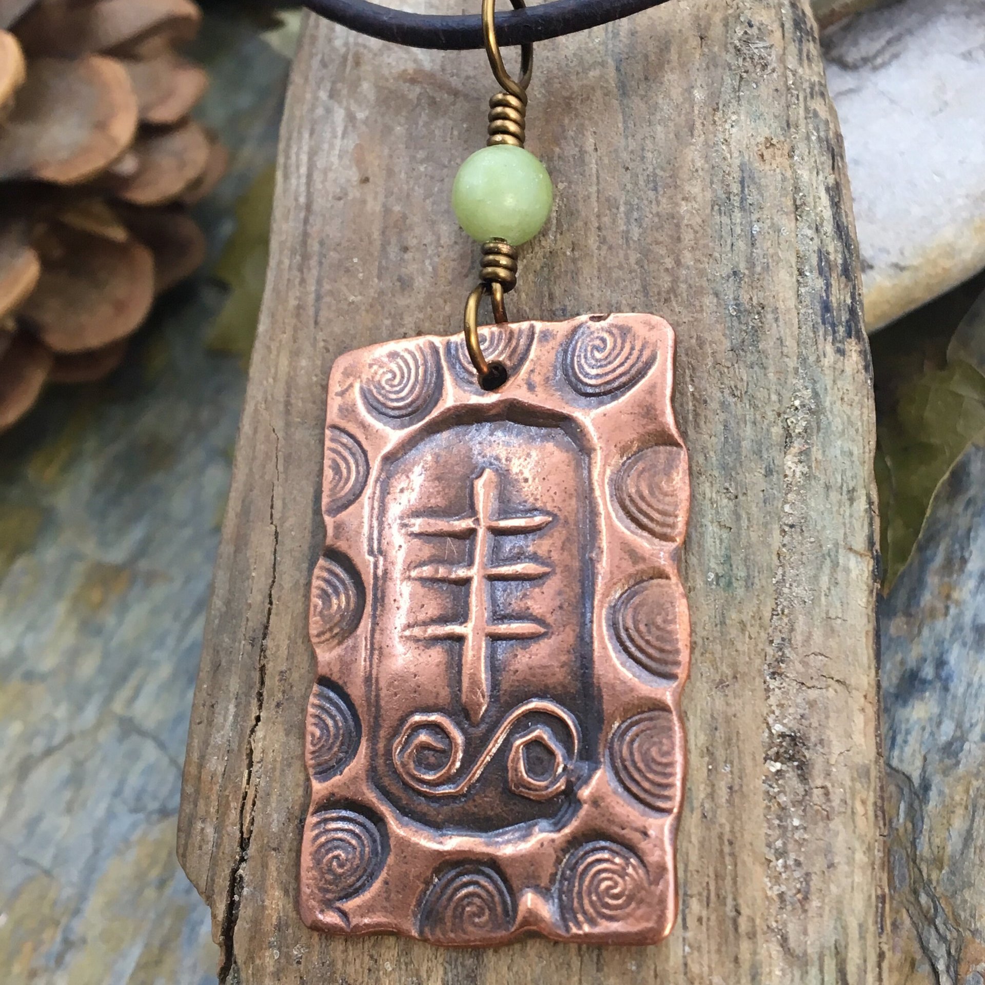 Heather Ogham Charm, Copper Pendant, Connemara Marble, Hand Carved Art, Druid Sacred Trees, Leather & Vegan Cords, Irish Celtic Spirals
