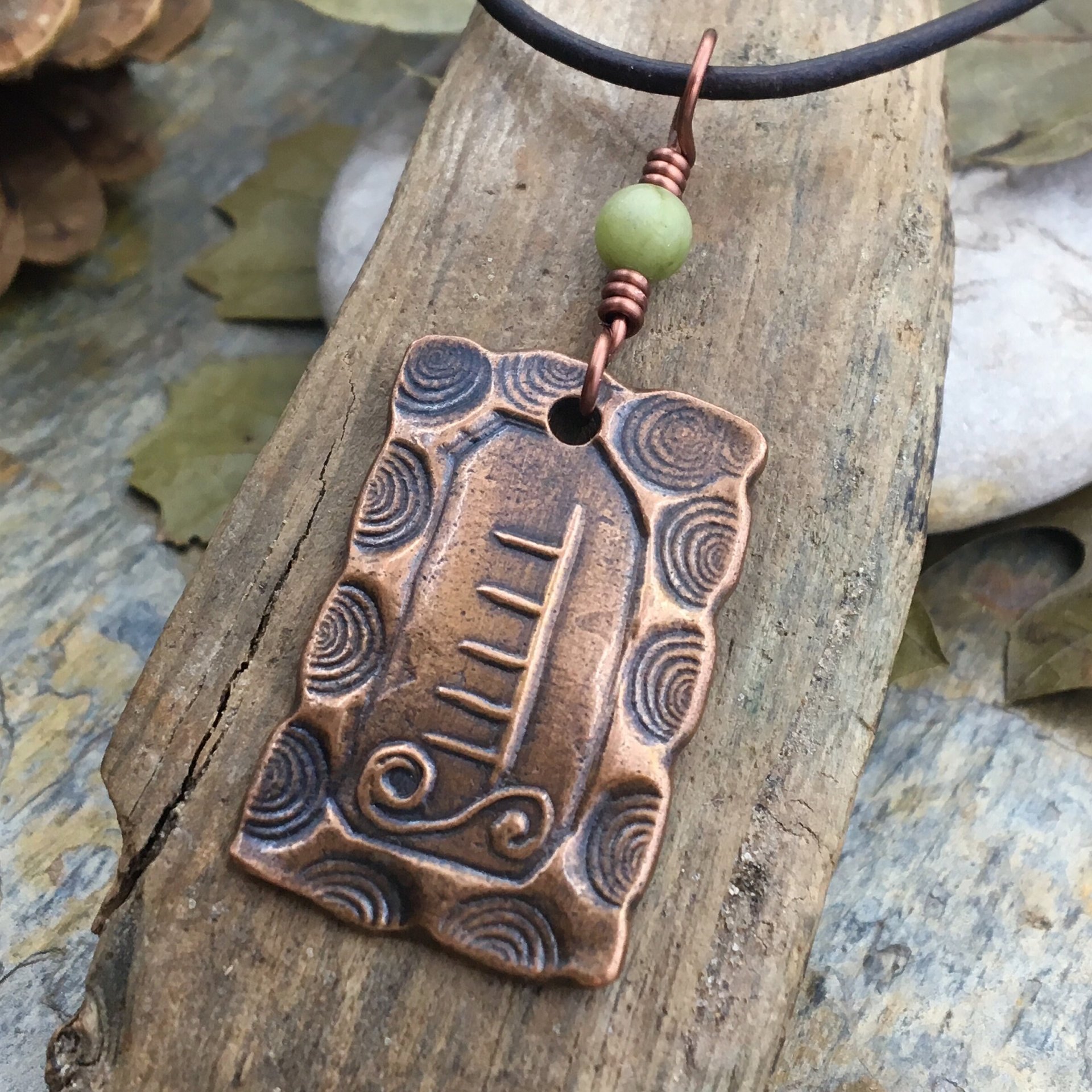 Apple Tree Ogham Charm, Copper Pendant, Connemara Marble, Hand Carved Art, Irish Celtic Spirals, Leather & Vegan Cords, Druid Pagan Trees