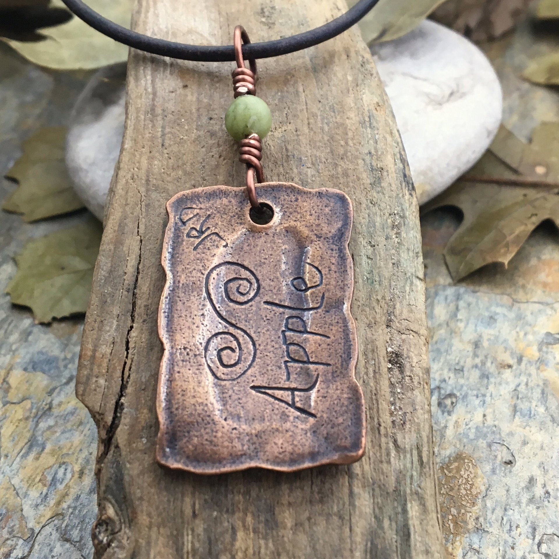 Apple Tree Ogham Charm, Copper Pendant, Connemara Marble, Hand Carved Art, Irish Celtic Spirals, Leather & Vegan Cords, Druid Pagan Trees