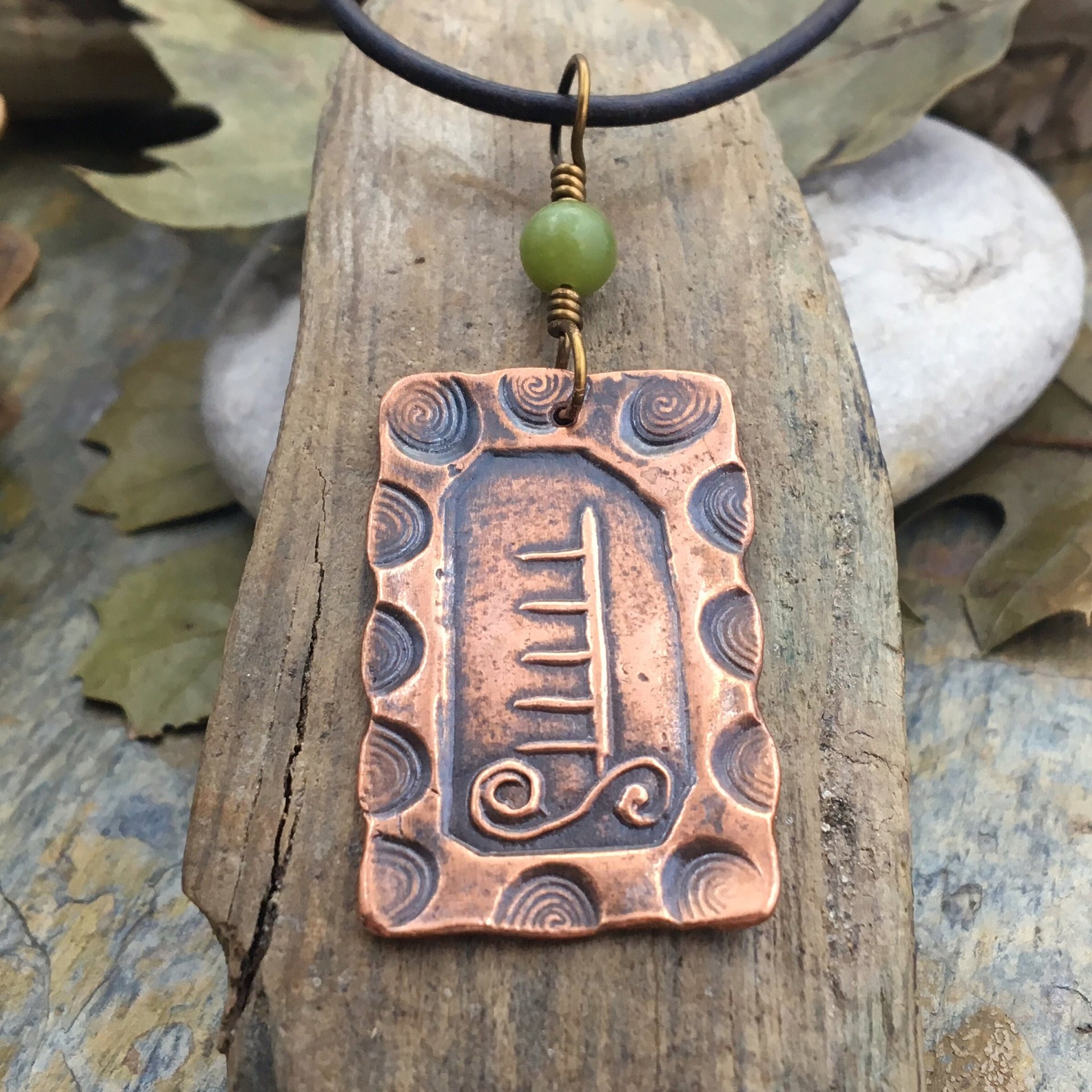 Apple Tree Ogham Charm, Copper Pendant, Connemara Marble, Hand Carved Art, Irish Celtic Spirals, Leather & Vegan Cords, Druid Pagan Trees