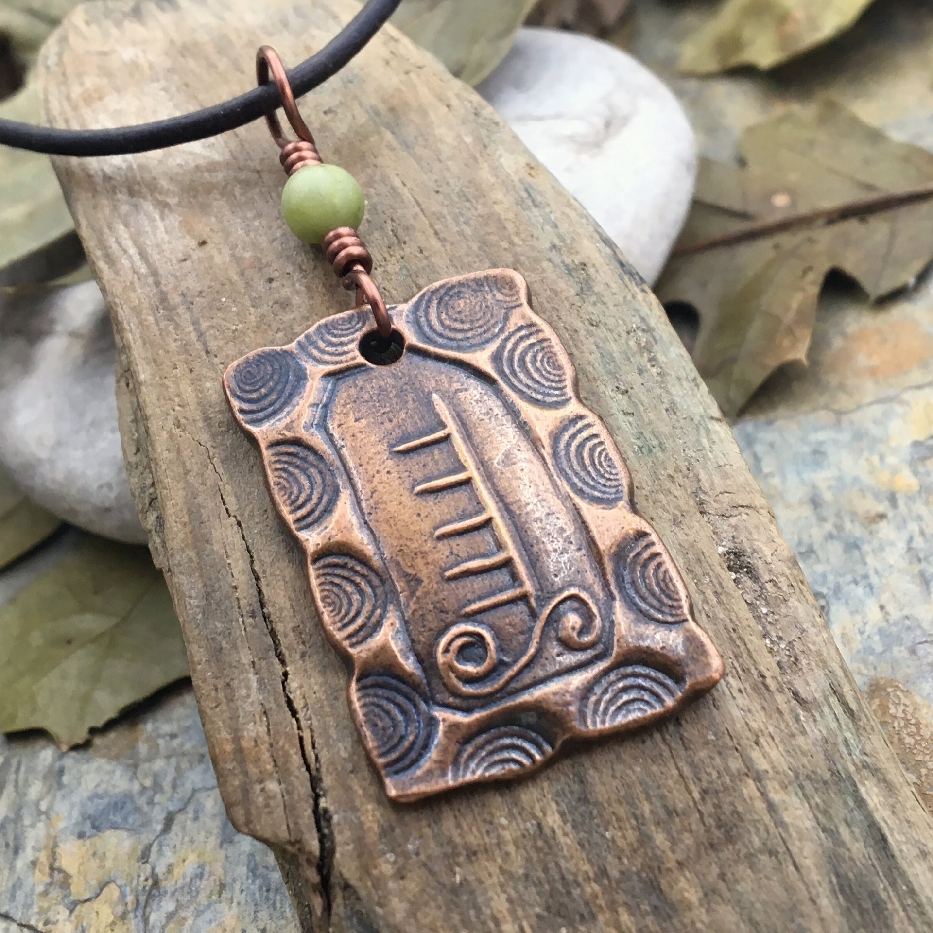 Apple Tree Ogham Charm, Copper Pendant, Connemara Marble, Hand Carved Art, Irish Celtic Spirals, Leather & Vegan Cords, Druid Pagan Trees