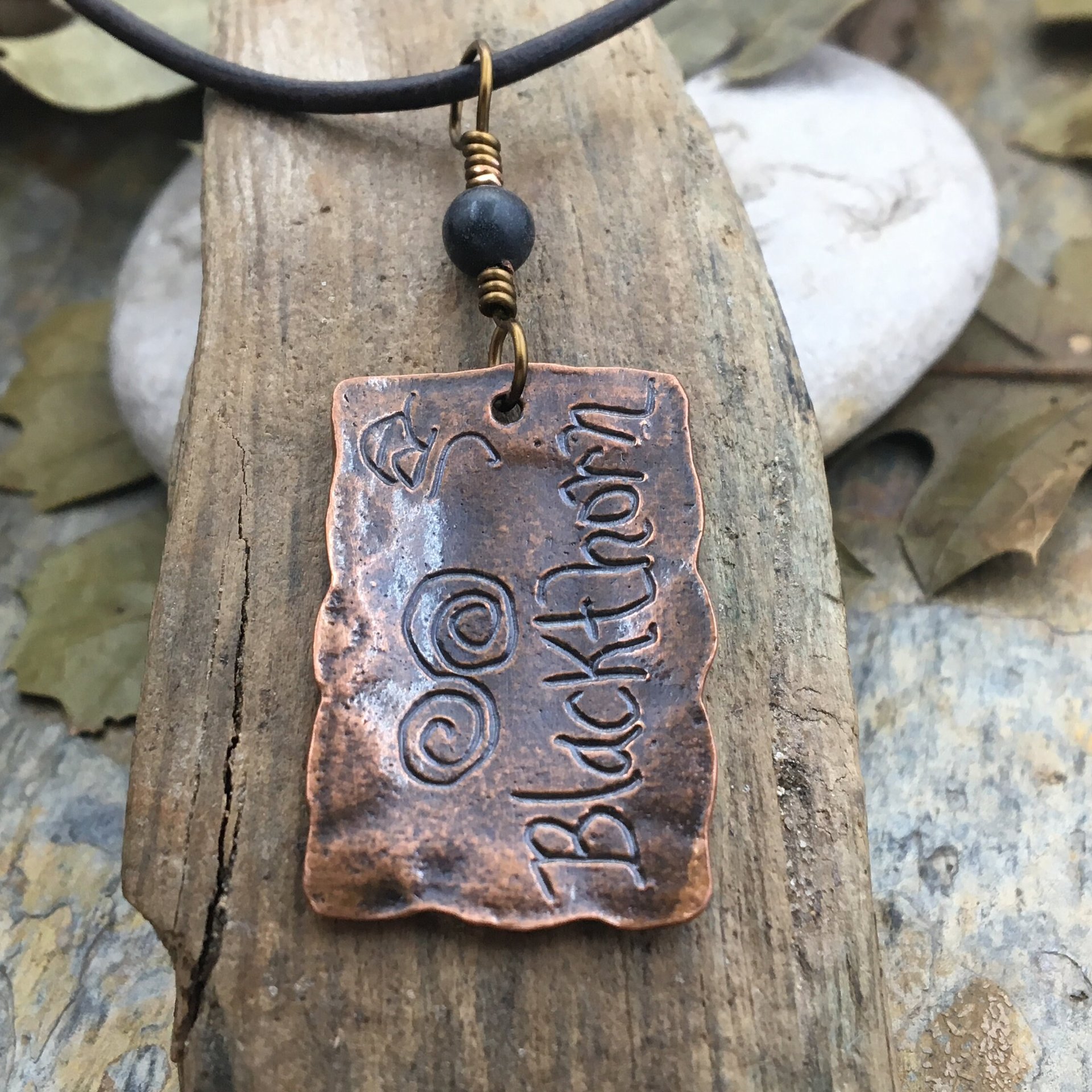 Blackthorn Tree Ogham Charm, Copper Pendant, Connemara Marble, Hand Carved, Irish Celtic Spirals, Druid Sacred Trees, Leather & Vegan Cords