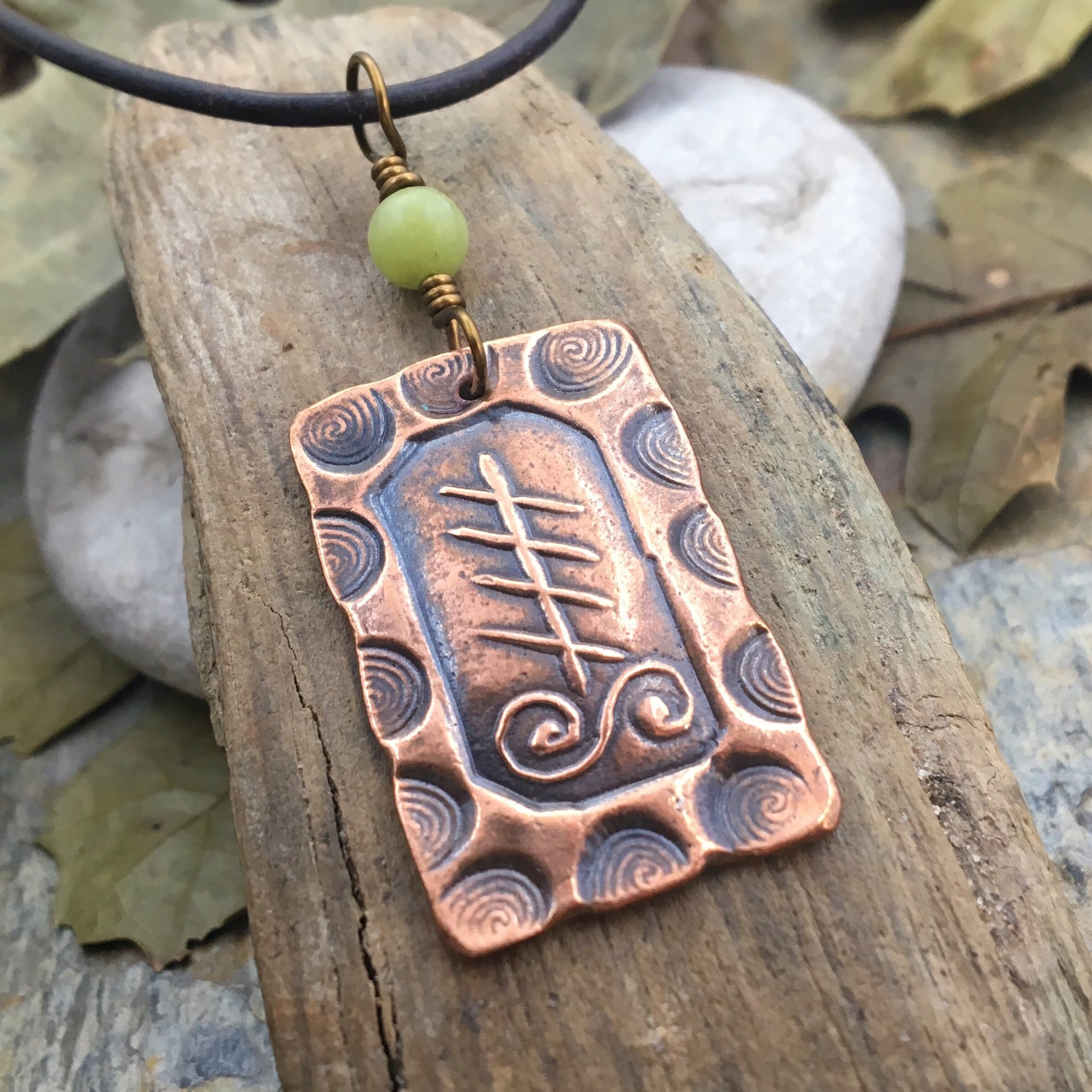 Blackthorn Tree Ogham Charm, Copper Pendant, Connemara Marble, Hand Carved, Irish Celtic Spirals, Druid Sacred Trees, Leather & Vegan Cords