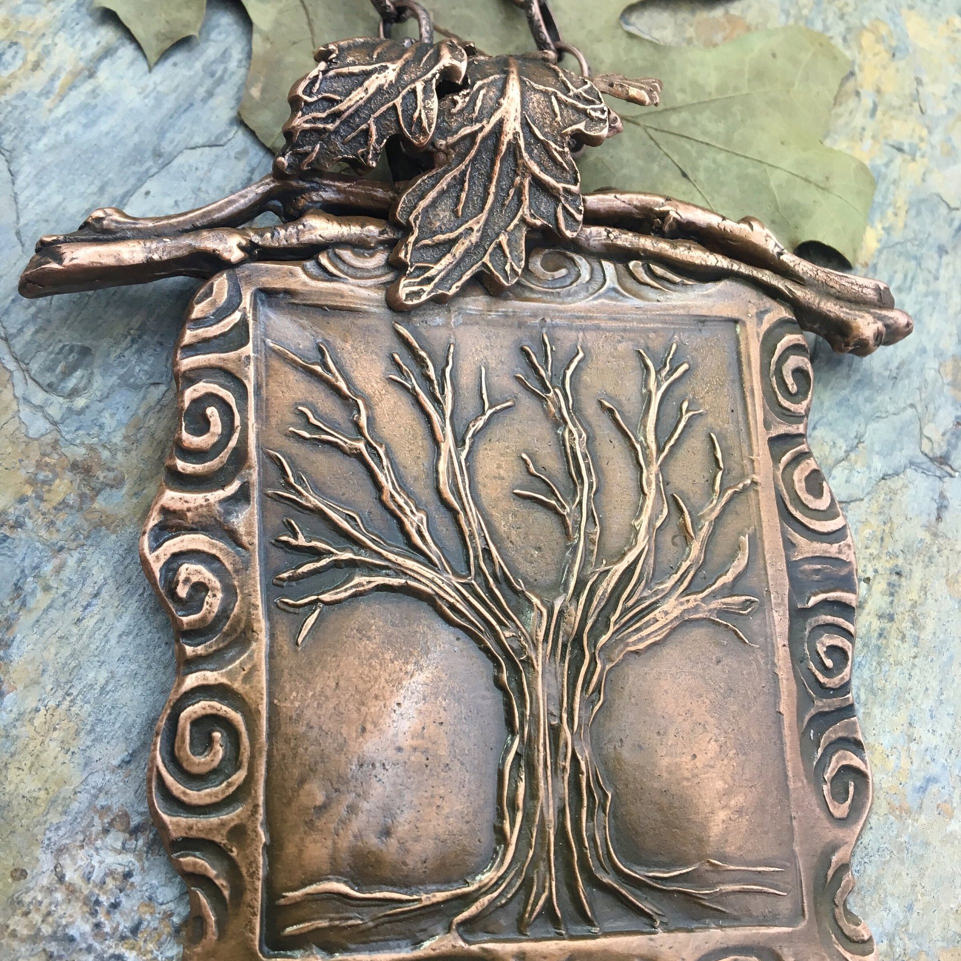 Celtic Tree of Life Pendant, Copper Tree Necklace, Irish Celtic Spirals, Leaves, Statement Art Jewelry, Hand Carved, Soul Harbor Jewelry
