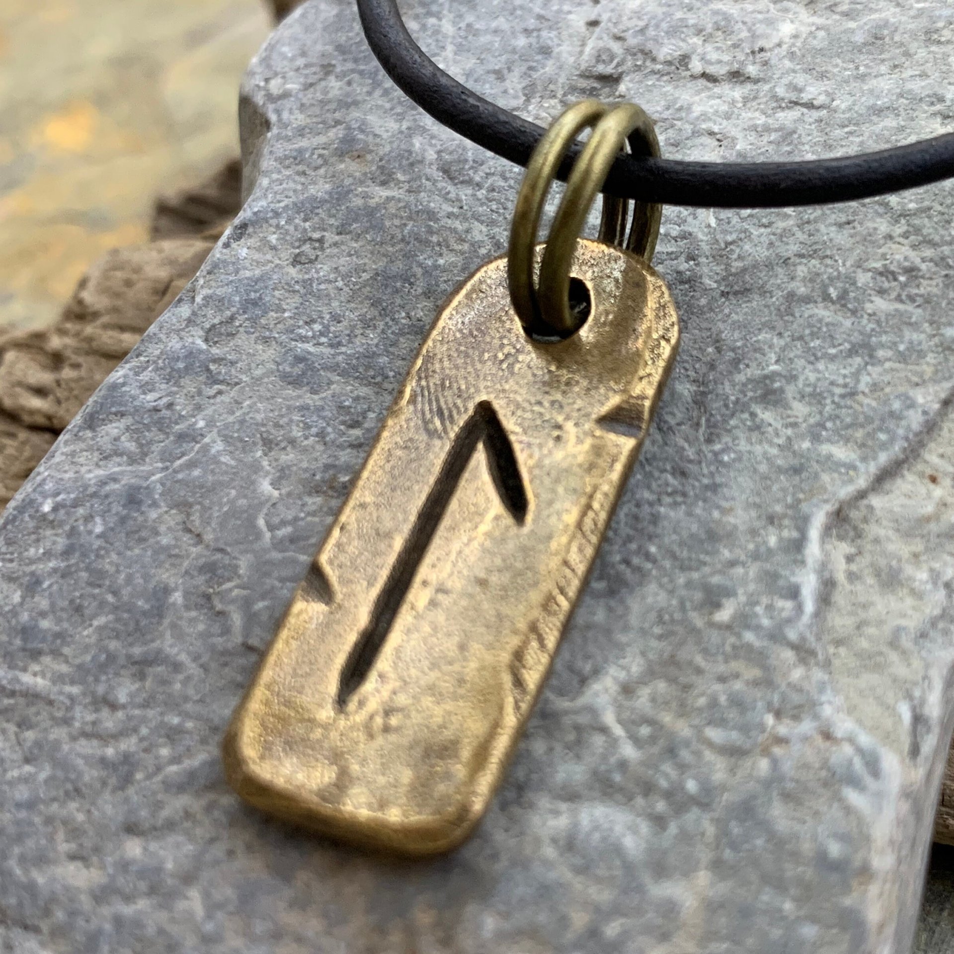 Laguz Rune, Bronze Rune Charm, Hand Carved, Viking Necklace, Men Women, Elder Futhark, Ancient Pagan, Leather & Vegan Necklace Cords