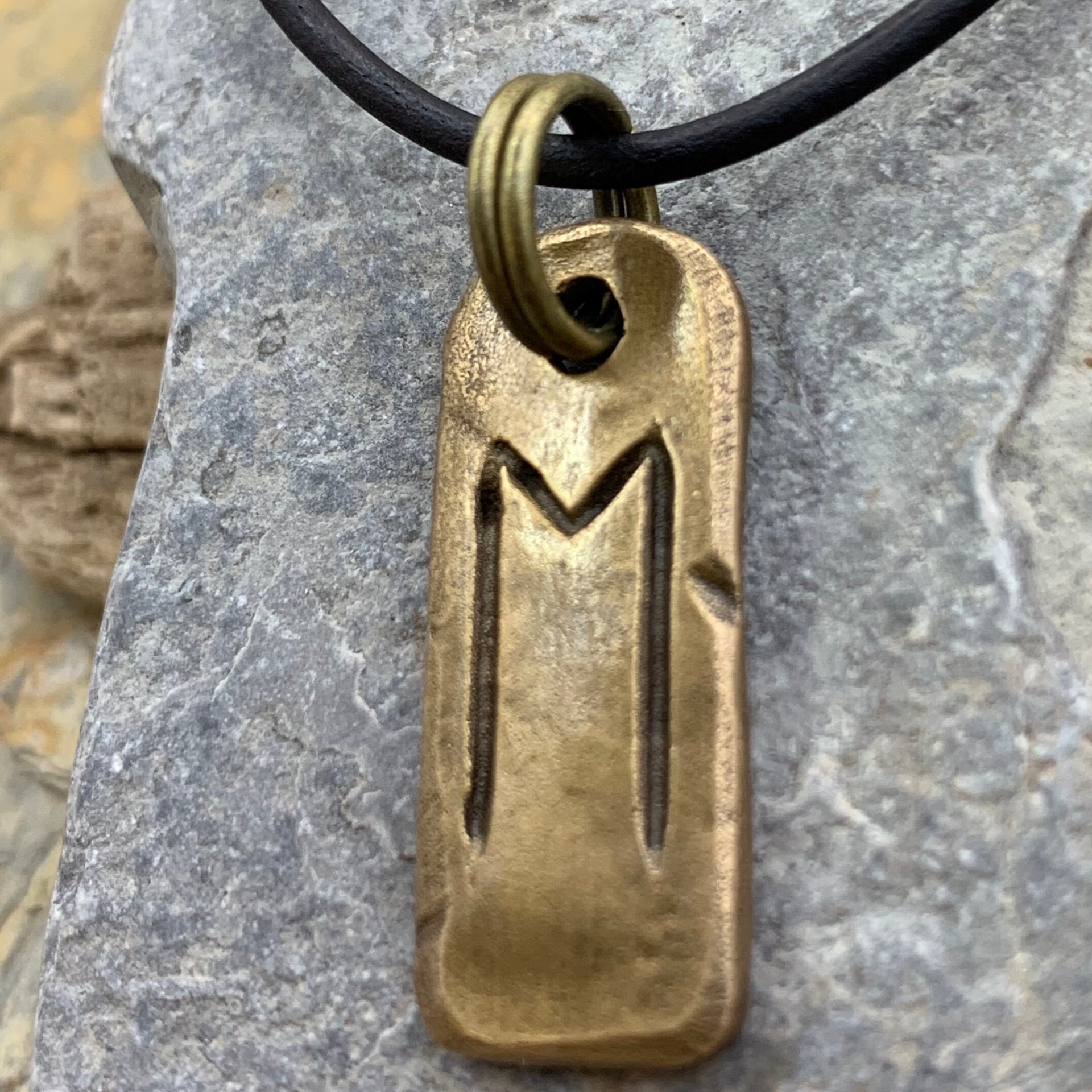 Ehwaz Rune, Bronze Rune Charm, Hand Carved, Viking Pendant for Men, Women, Ancient Pagan, Elder Futhark, Leather & Vegan Necklace Cords